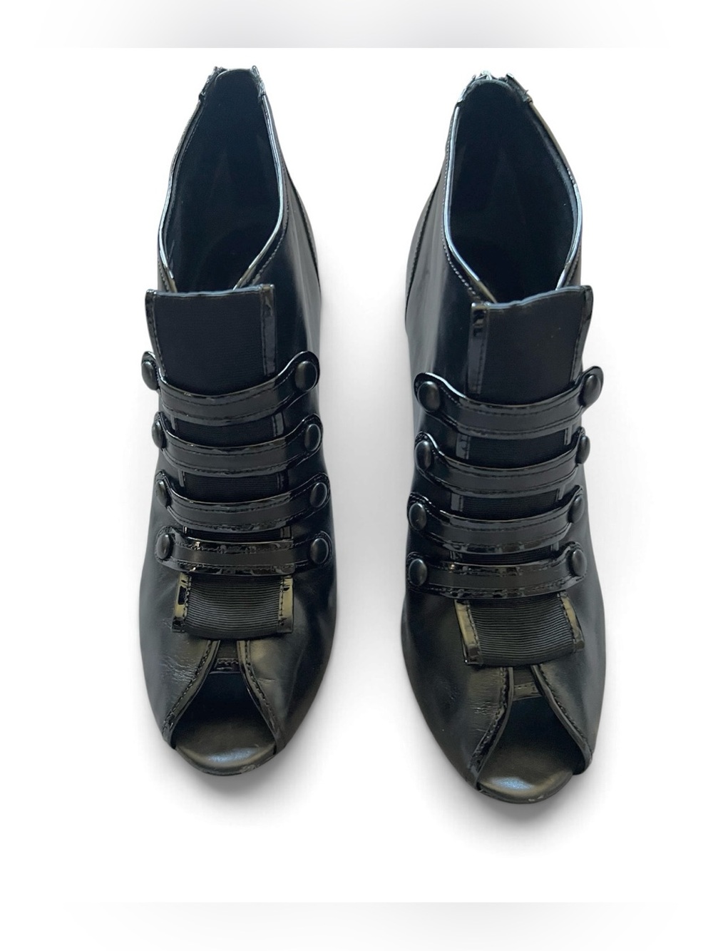 Ann Taylor Aimee Military Peep-Toe Heeled Black Booties Zipper Back Sz 9 w/box